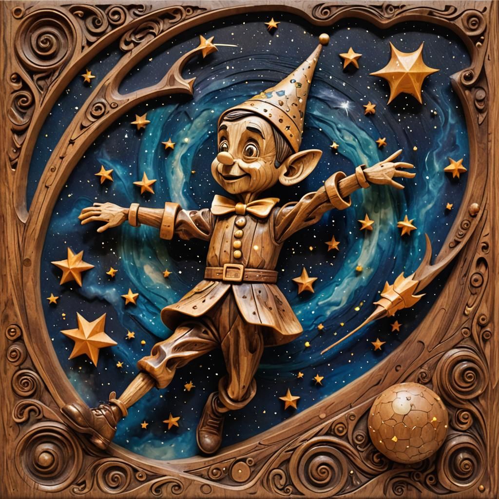 An ethereal wood carving of a celestial Pinocchio floating in space. His limbs extend into swirling nebulae, as stardust surrounds him. His...
