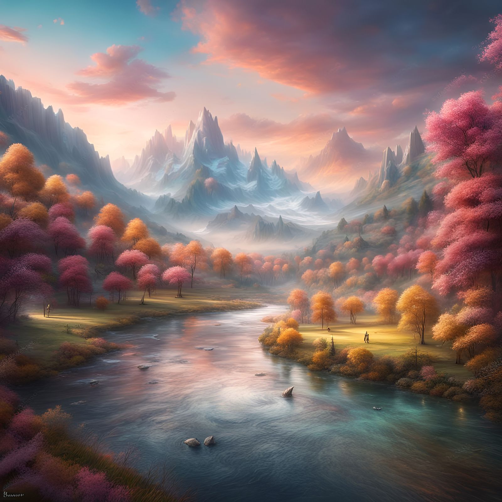 A colorful landscape, in pastel colors, with mountains, river, forest, romantic, delicate, magical, wide ...  by @EB