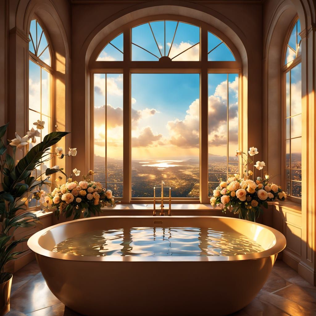 Elegant Bathroom Scene in Golden Hour Light