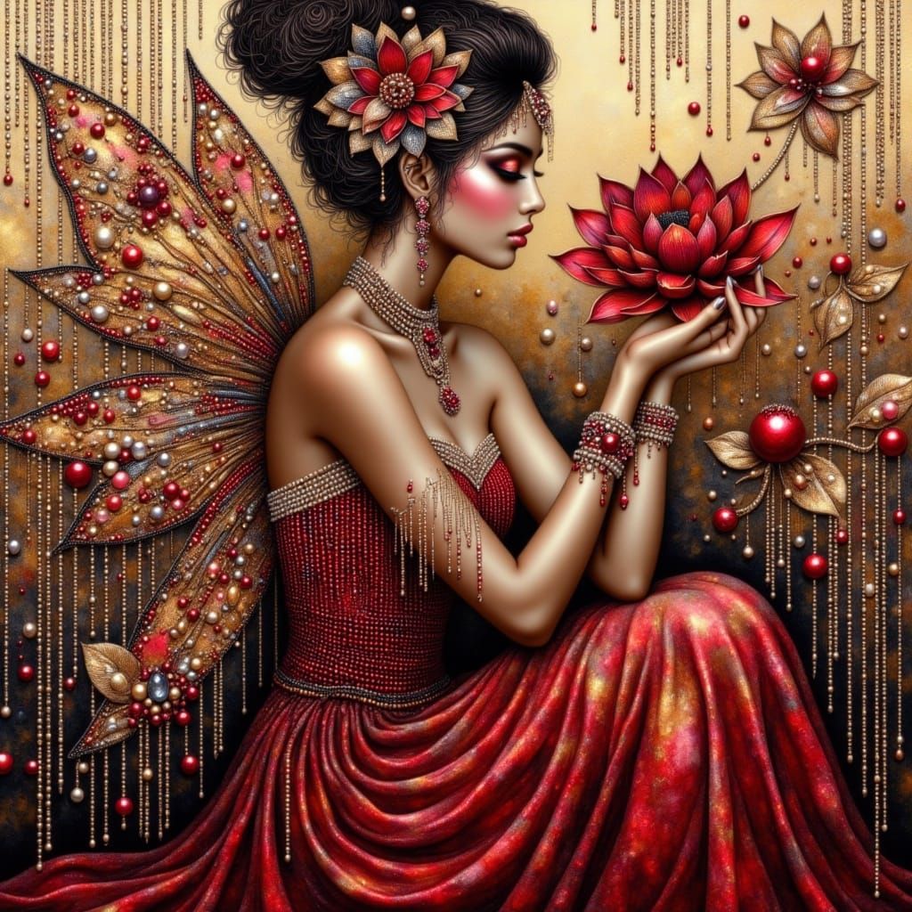 Velvety Mixed colors oil painting watercolor, Metallic golden red and black background decorated with vertical thin pearl chain beautiful go...