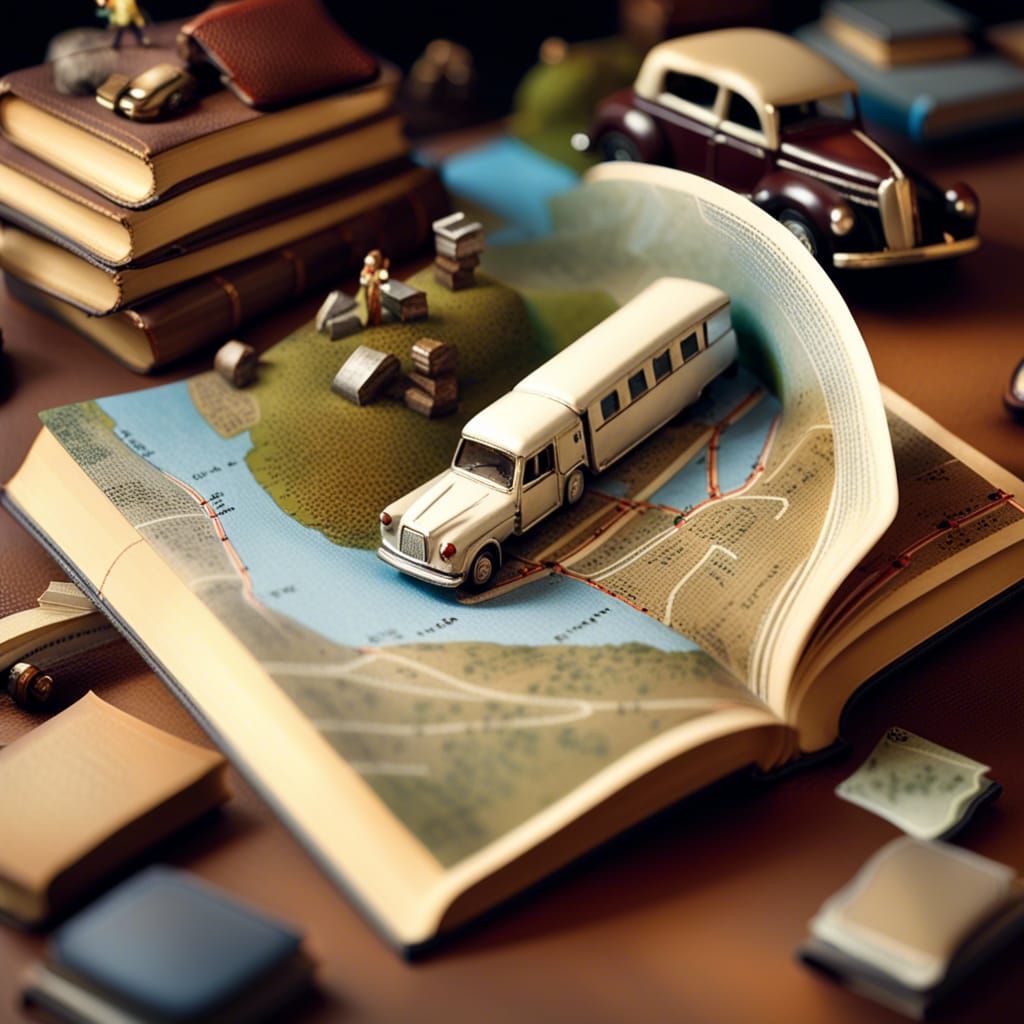 Miniature_map_road and cars coming_out_of an_open_book, Joy_...