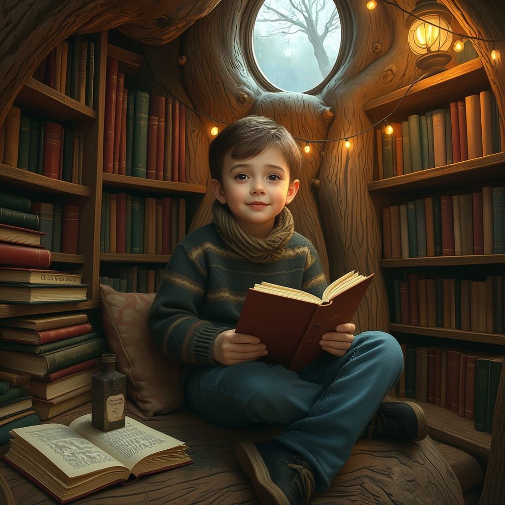 A boy reading a book, sitting in a cozy treehouse with fairy lights. Wooden shelves all around filled with books. matte painting maximalist ...