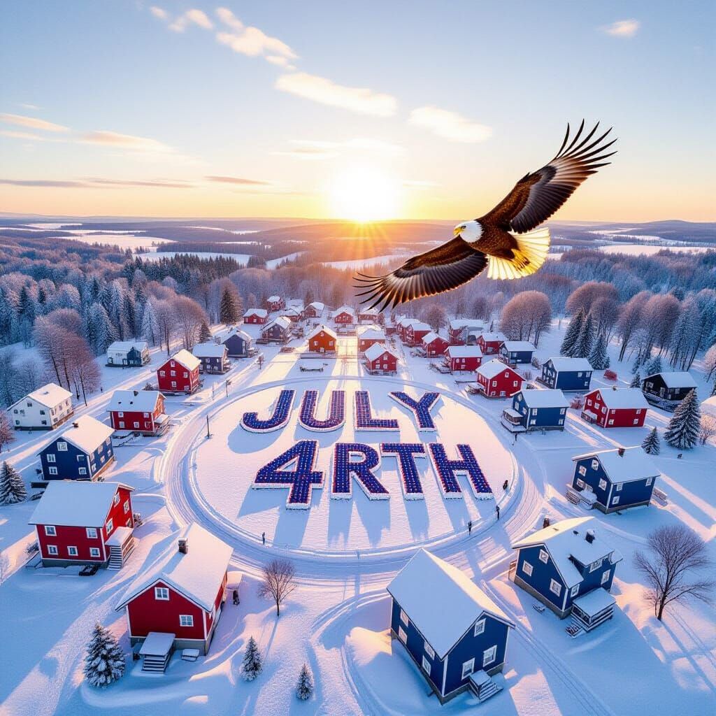 Eagle Flying Over Patriotic Town in Winter