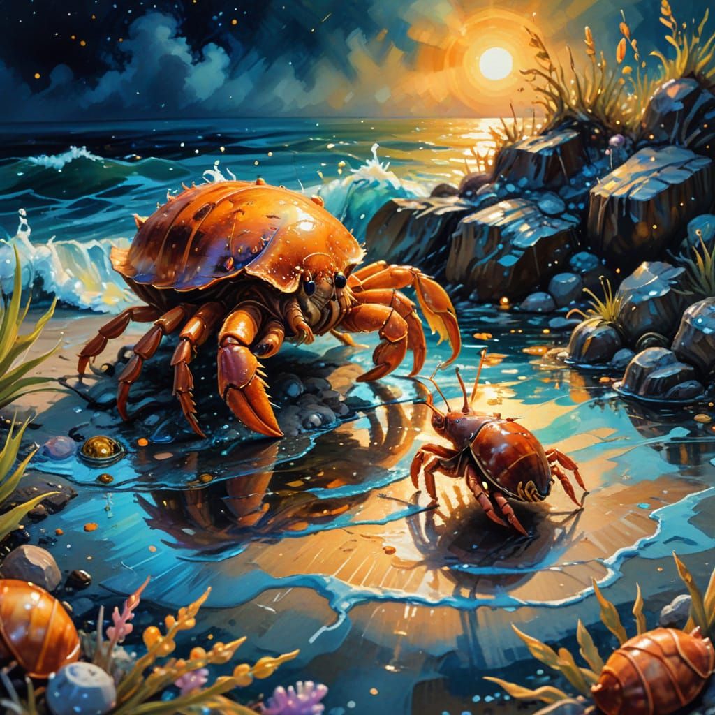 alcohol on ink watercolour summer nights by the sea with dog and hermit crab (no people) in Gouache Style, ...  by @Nobomi