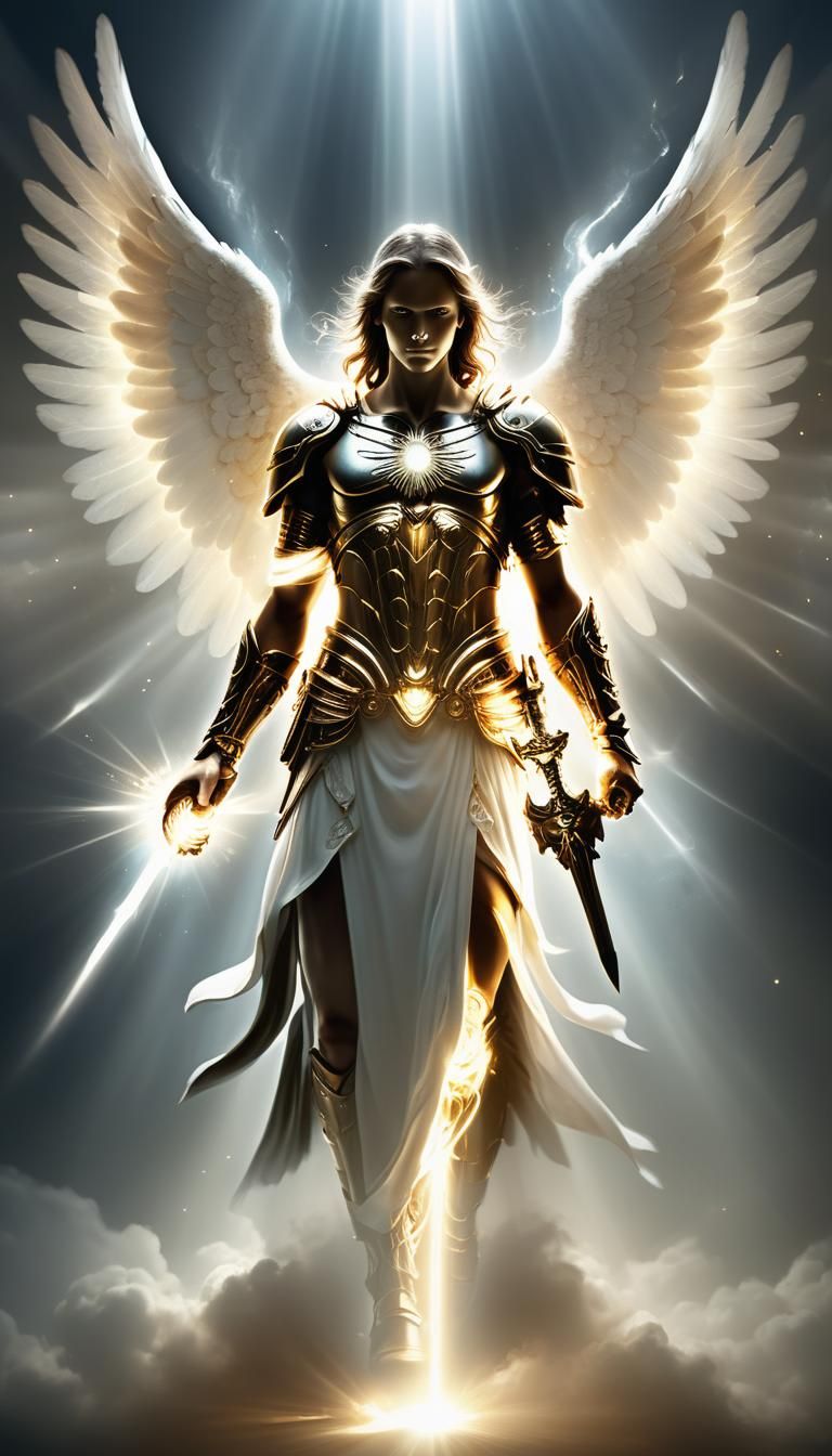 Angel warrior emerging from spiritual light, With glowing ef...