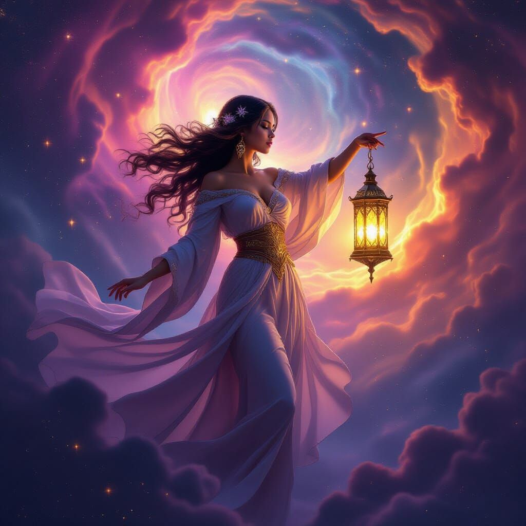 Latina Goddess Amidst Cosmic Storm in Dark Fantasy