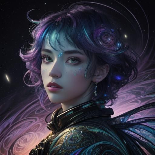 Iridescent Woman Portrait in Aurora Night Sky