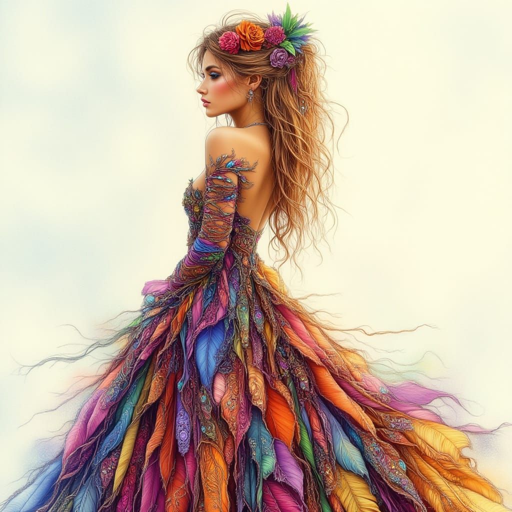 Dressed in a patchwork dress <lora:Hand Drawn Bohemian:1.0>