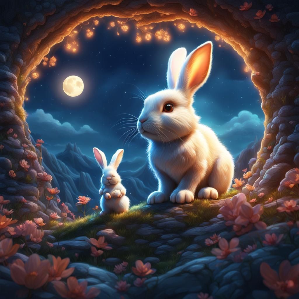 Furry Rabbit Under Full Moon: Fantasy Concept Art