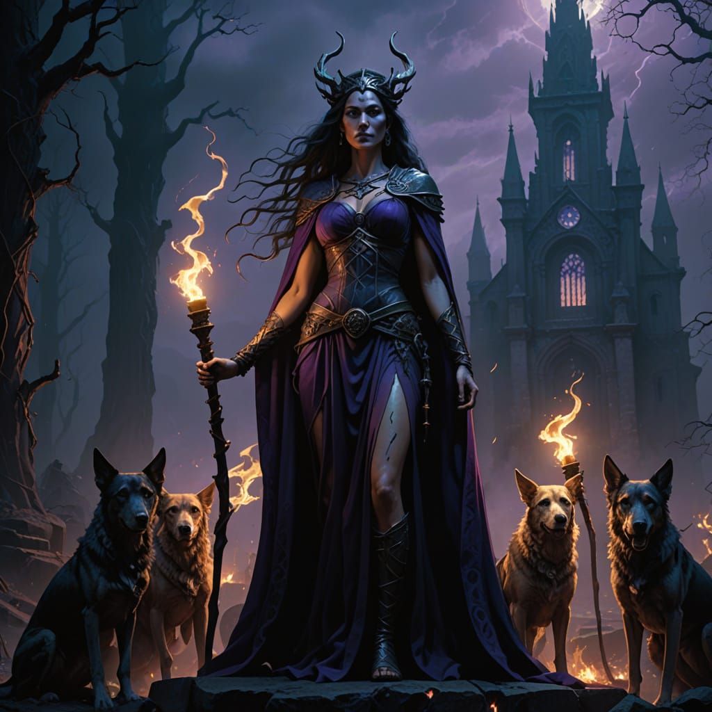 Goddess Hekate at the crossroads with her torches  by @Senia