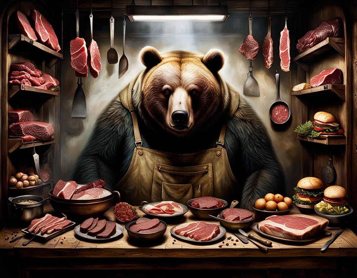 "Insanely detailed masterpiece concerned obese Bear Butcher selling
