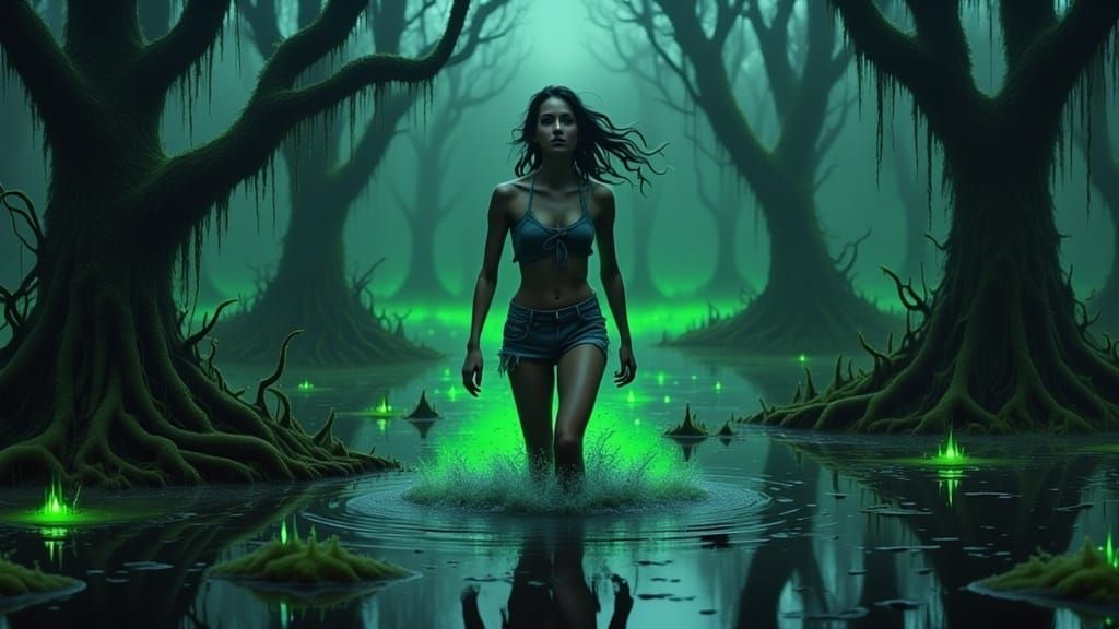 forward view of pretty girl in dirty cutoff shorts and halter top running through a swamp on a dark night with creepy bright green glowing t...