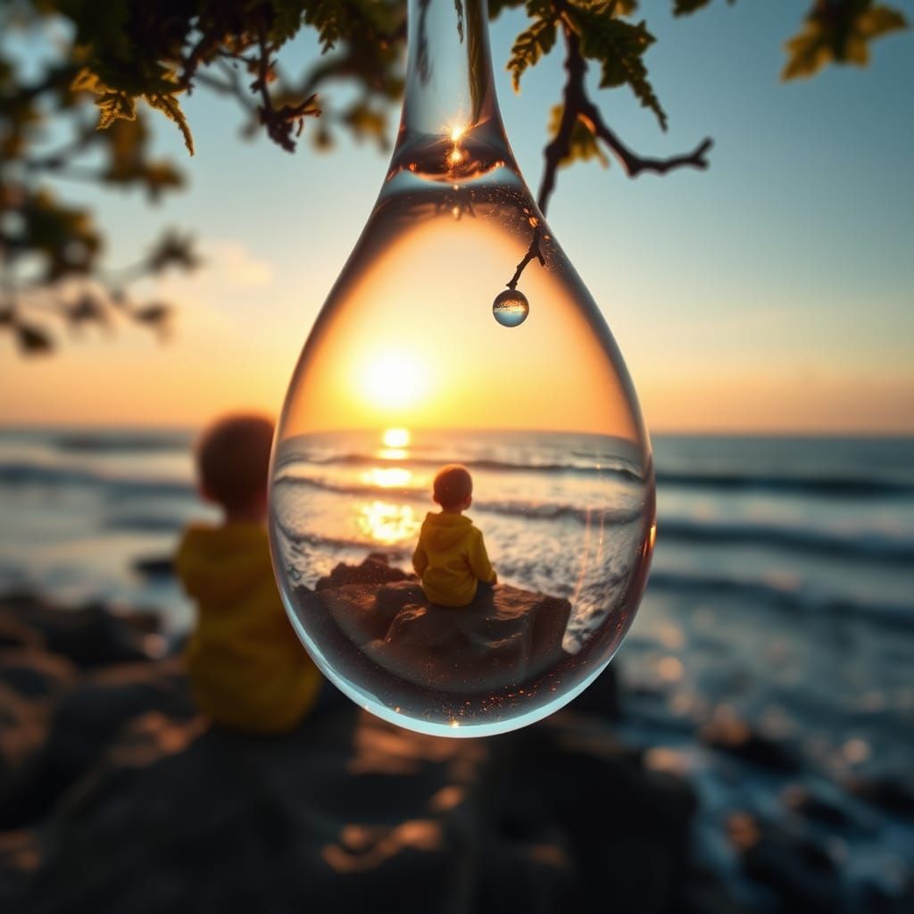 Boy Gazing at Ocean in Dewdrop, Hyperrealistic Macro Photo