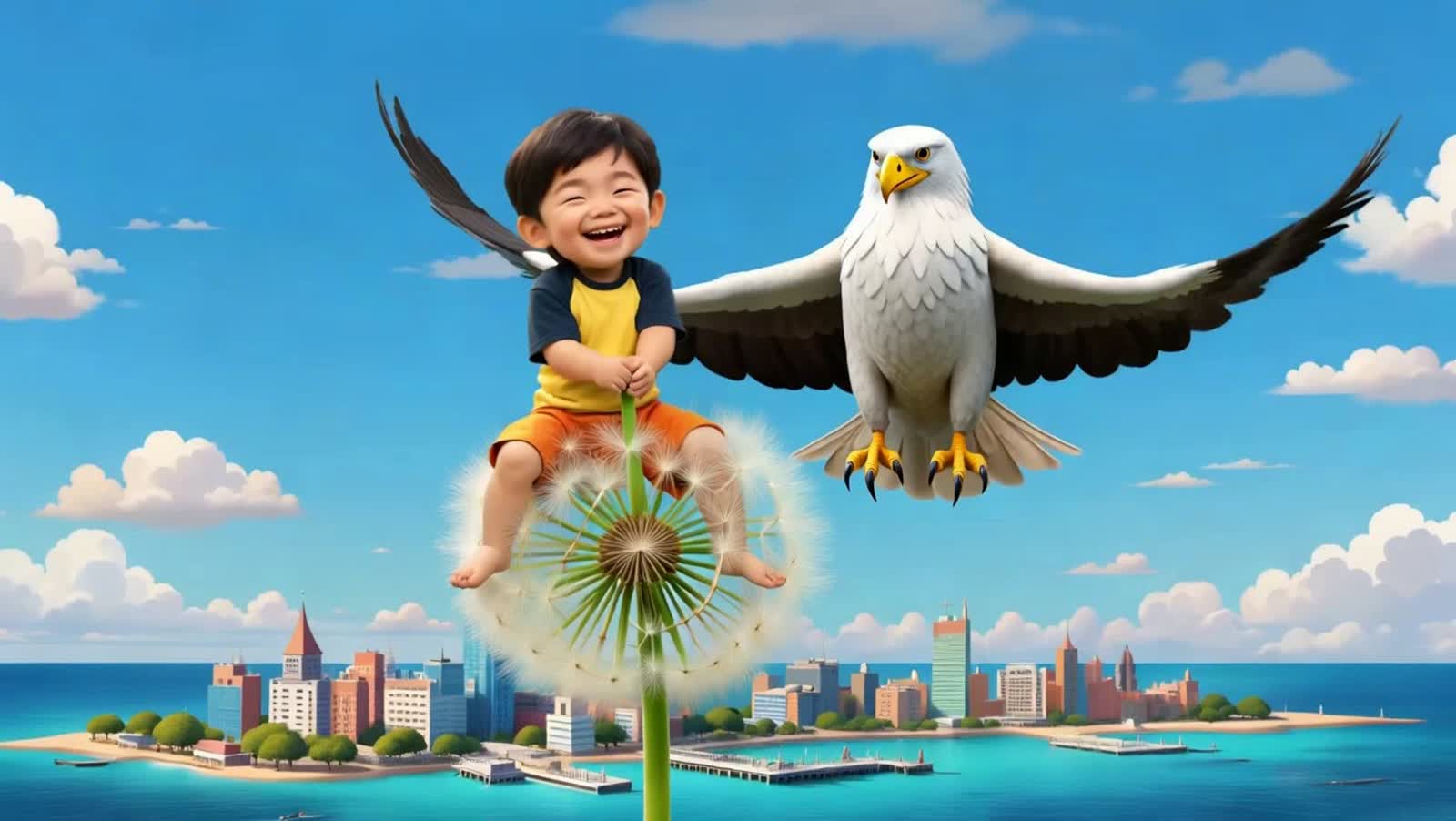 A mischievous Asian child with a wide grin, is riding on the stalk of a giant, fluffy dandelion flower through a lovely ...