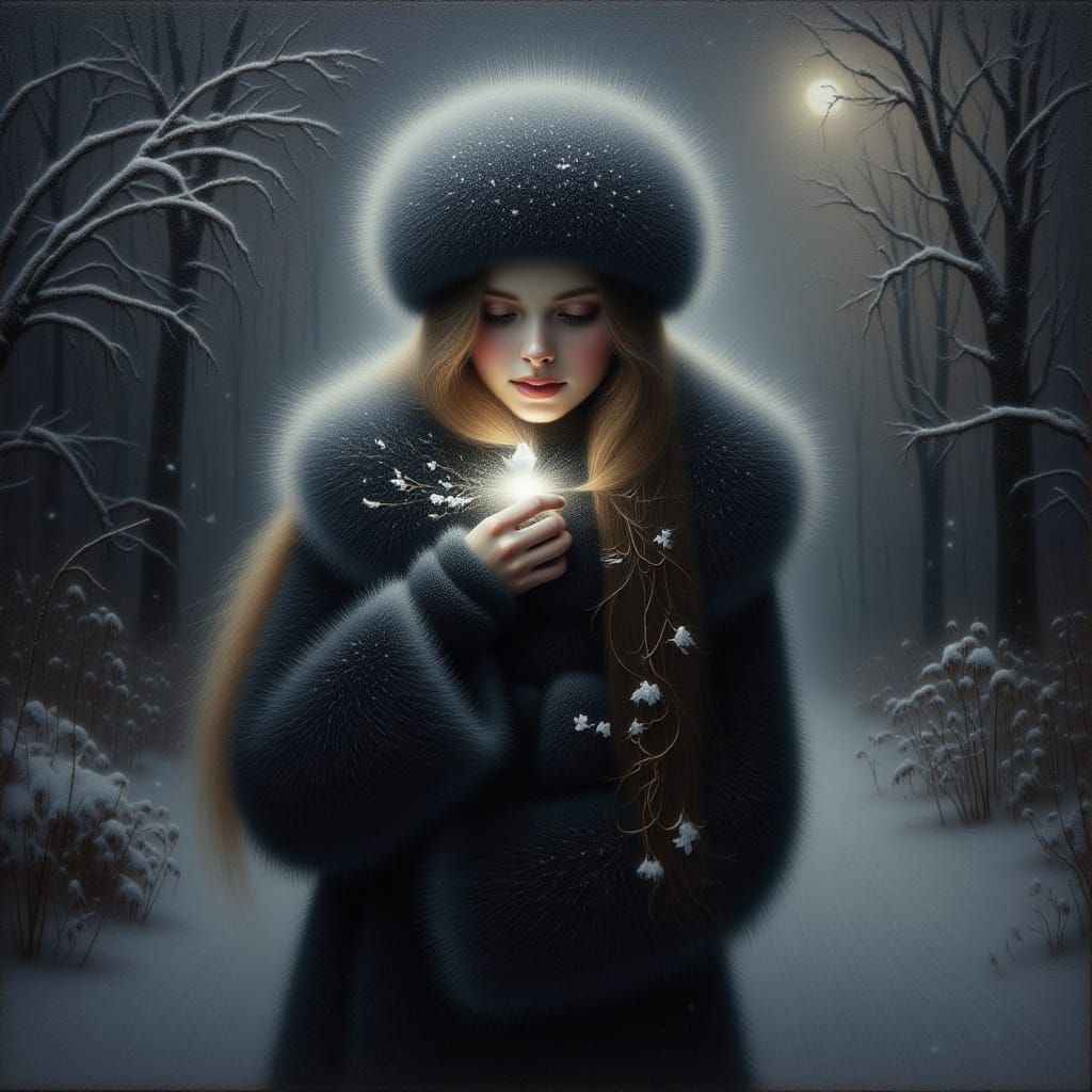 <lora:felt:1.0> Oil painting on felt. A lady in a black fur coat hides a white radiance dove from the cold under her fur coat. Snowstorm, da...