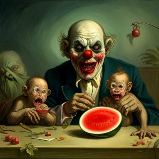 Zombie Clown Monkey Babies Eating Watermelon 