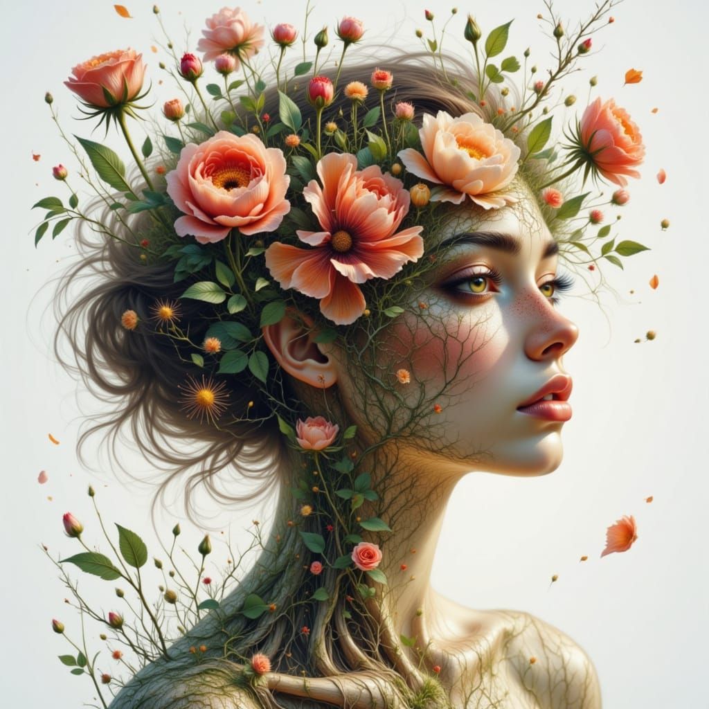 Surreal Botanical Portrait: Woman Blossoms with Floral Anato...