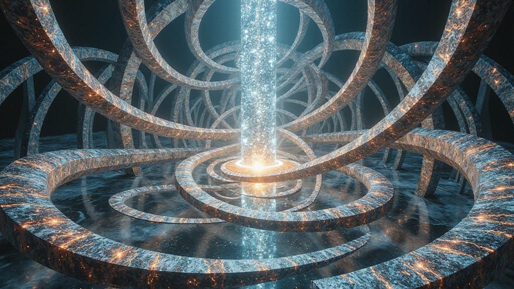 The Infinity Nexus A detailed depiction of an intricate hyperdimensional structure formed from an interlocking maze of twisting, crystalline...