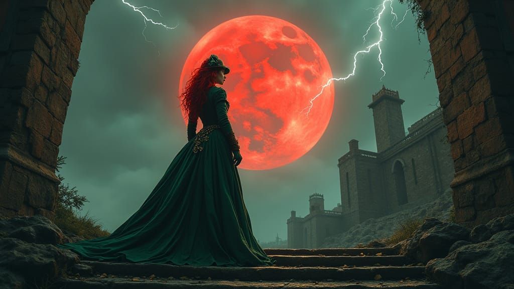 A Steampunk lady wearing dark green with log red hair standing on the stairs with lightning in the sky and a full red moon 