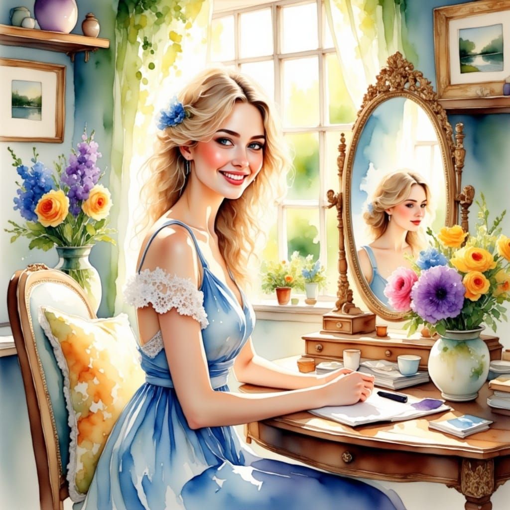 <lora:WATERCOLOUR STYLE:1.0> a beautiful blonde haired woman in a blue dotted dress putting on make up in front of the mirror in her bedroom...