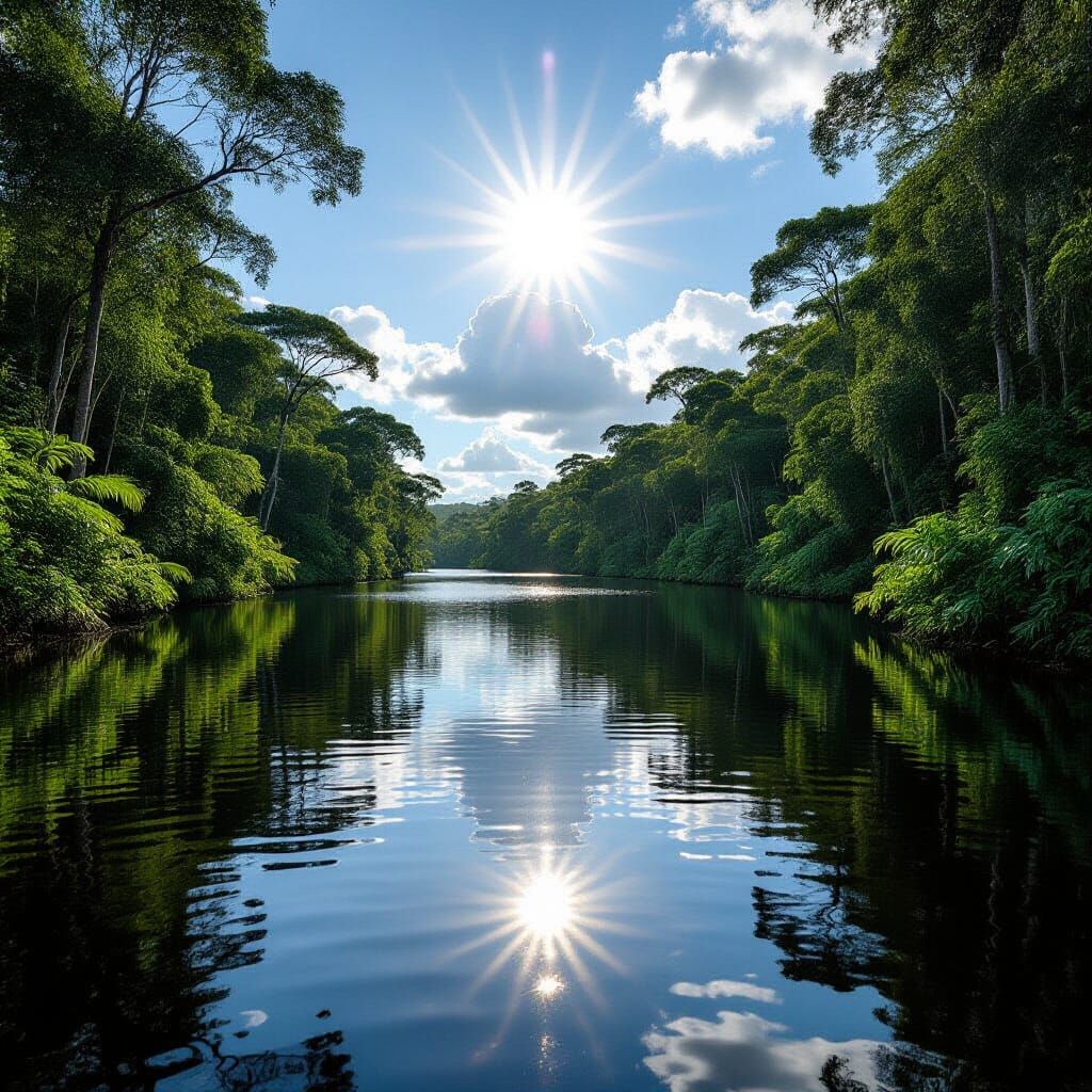 Lush Amazon Rainforest Stream in Sunlight