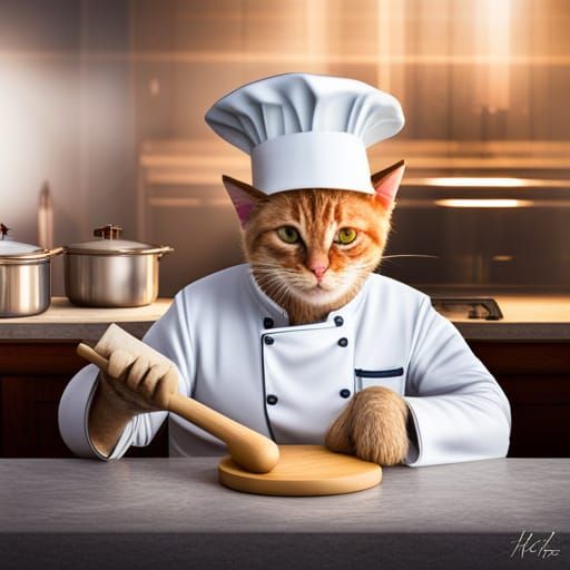 Cat kneading dough while wearing a chef hat. Kitchen is the setting ...