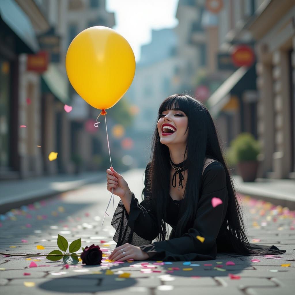 Hyperrealism, goth girl with long black hair and black goth clothes doing ungothly things, exploring the unexpected side of darkness—where t...