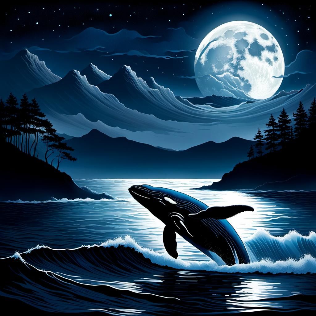 Moonlit waves, a silhouette of a whale breaches the surface