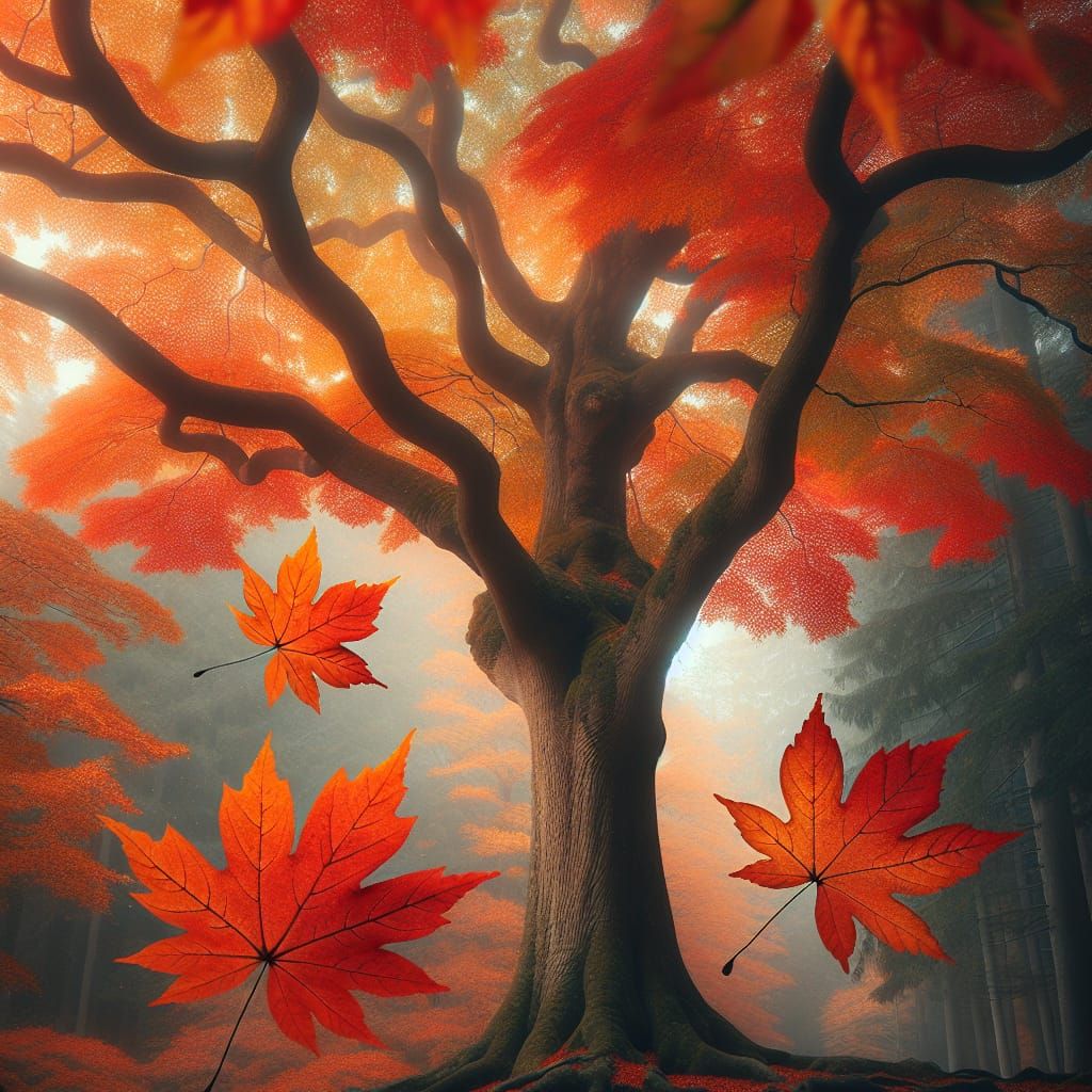 Surreal Autumn Landscape with Majestic Tree and Tumbling Map...