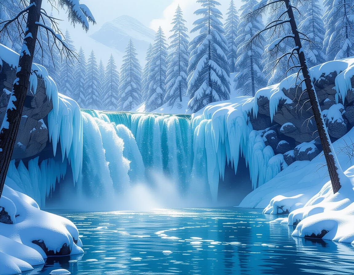 A waterfall in a winter forest, a torrent of running water falling between ice