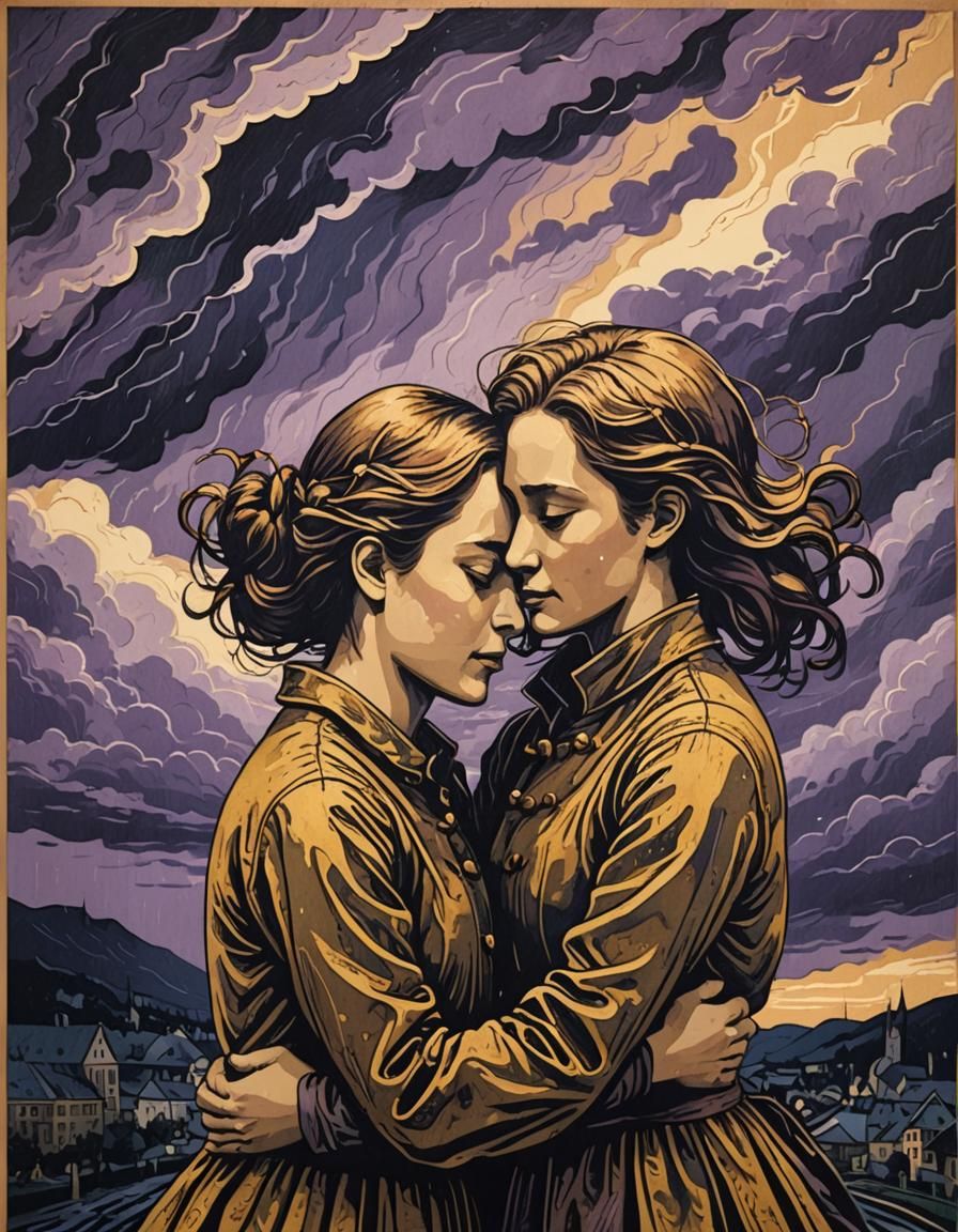 Romantic Embrace Under Stormy Skies: Heidelberg School Woodc...