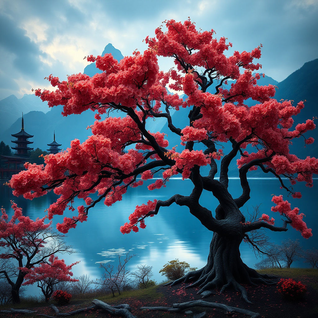 A beautiful ancient sakura tree stands in front of a serene lake