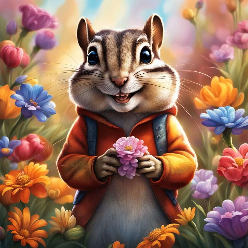 A chipmunk with flowers in his hands is preparing to congratulate him on his birthday