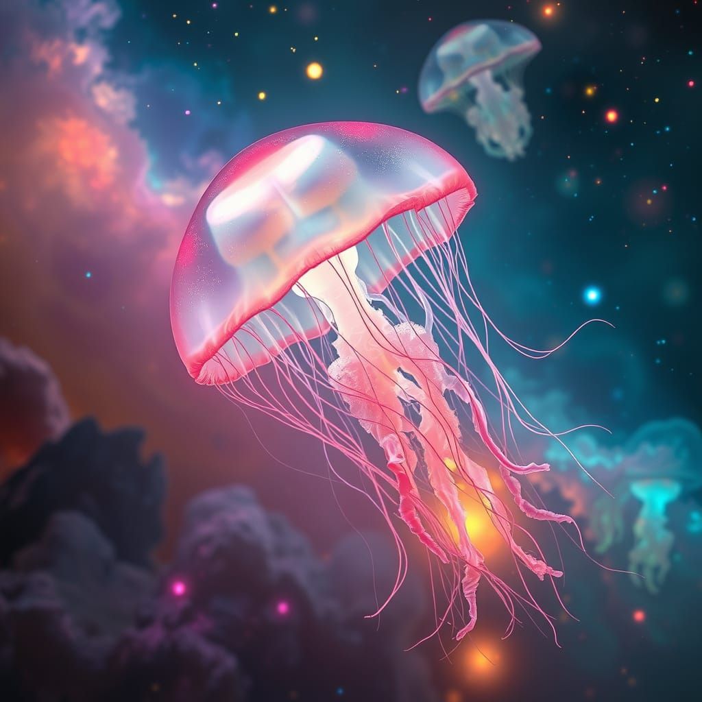 Bioluminescent Jellyfish Nebula Dance in Hyperrealism