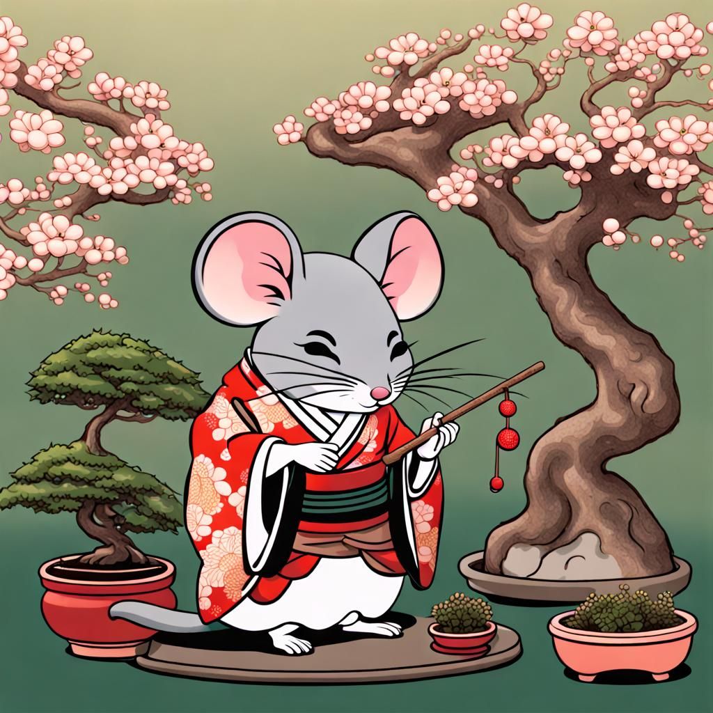 Anthropomorphic Geisha Mouse wearing  a kimono   tending to ...