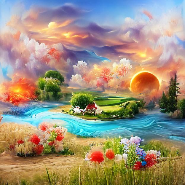beautiful fantasy painting of summer landscape