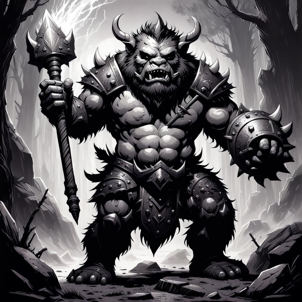 Black and white fantasy art bugbear with mace - AI Generated Artwork ...