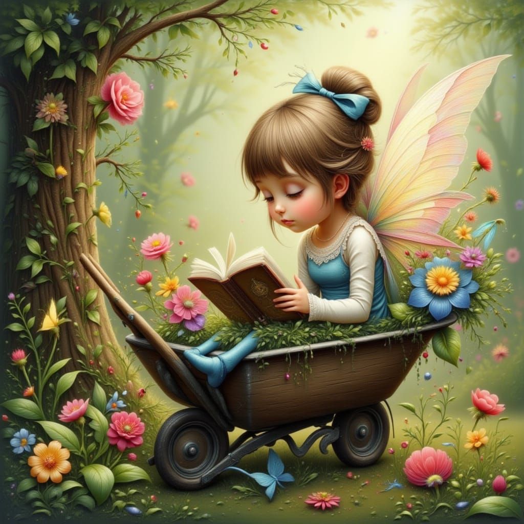 A cute little toon fairy sits in a wheelbarrow