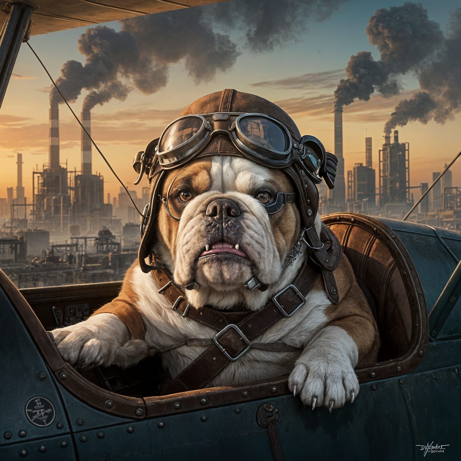 A grizzled bulldog wearing a worn leather aviator cap and goggles, sitting in the cockpit of a dilapidated biplane. The scene is set against...
