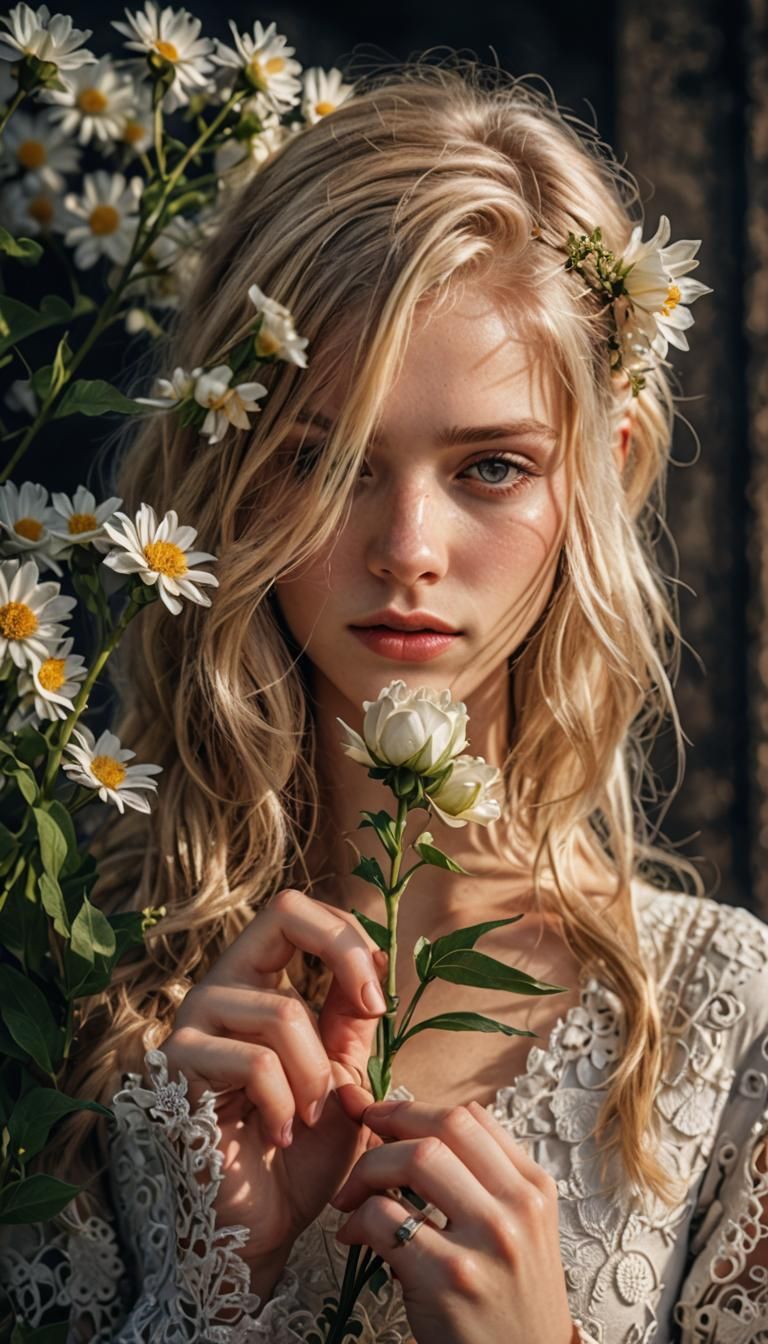 Beautiful blonde holding flower, intricate details, HDR, bea...