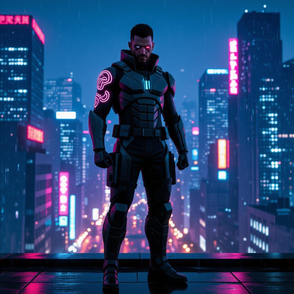 Cyberpunk Hero Stands Guard Over Future City