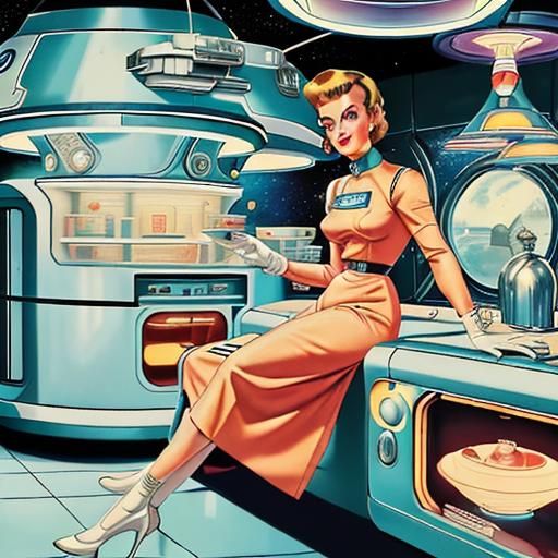 Retro futurism style 1950's beautiful woman in a retro futur...