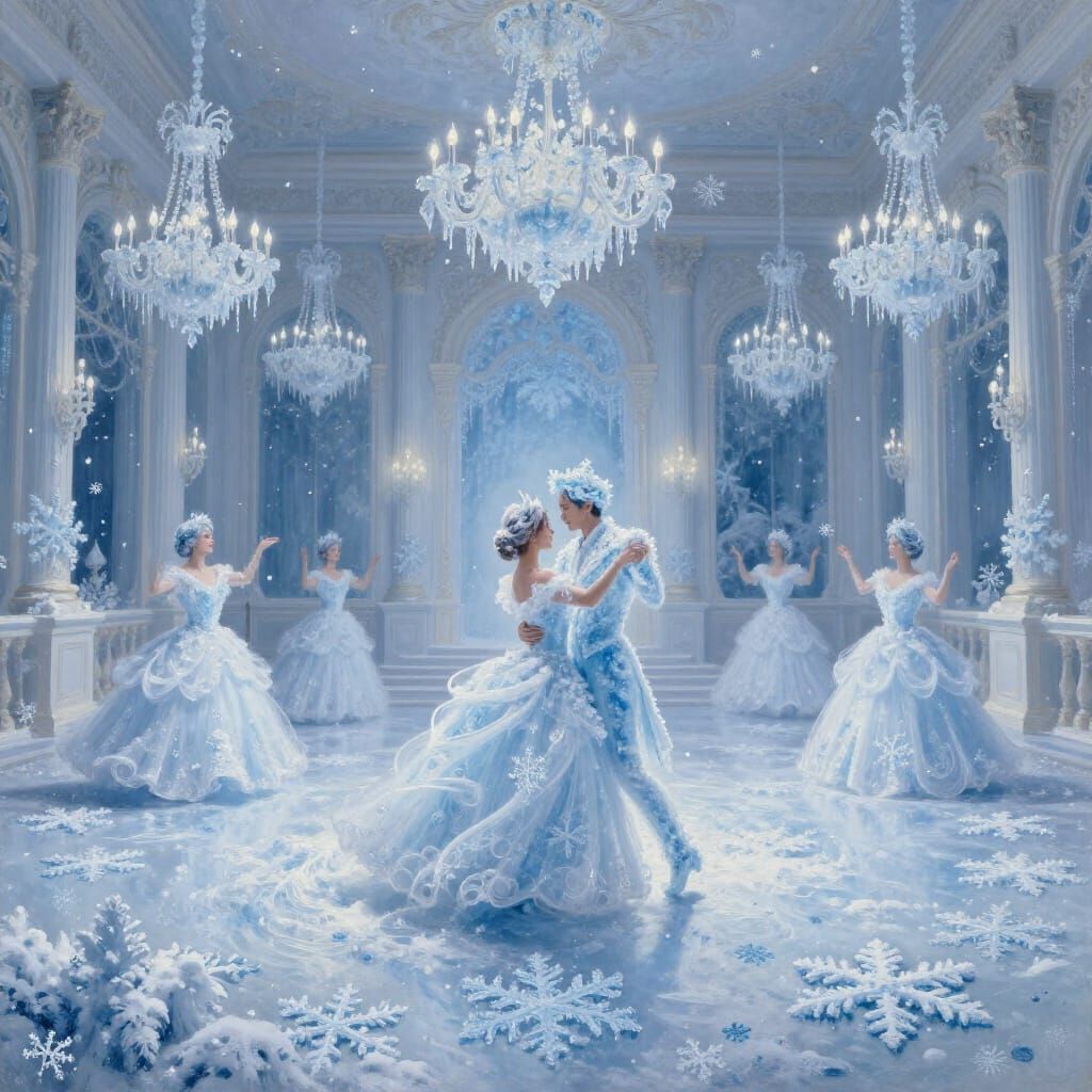 A grand, baroque-style ballroom transformed into a winter wonderland, with chandeliers dripping icicles ...  by @lola besferder