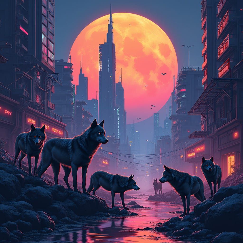 A Pack of Wolves Admire the Futuristic Full Moon in a Neon C...