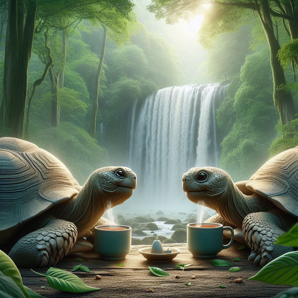 Tortoises drinking tea in a forest.
