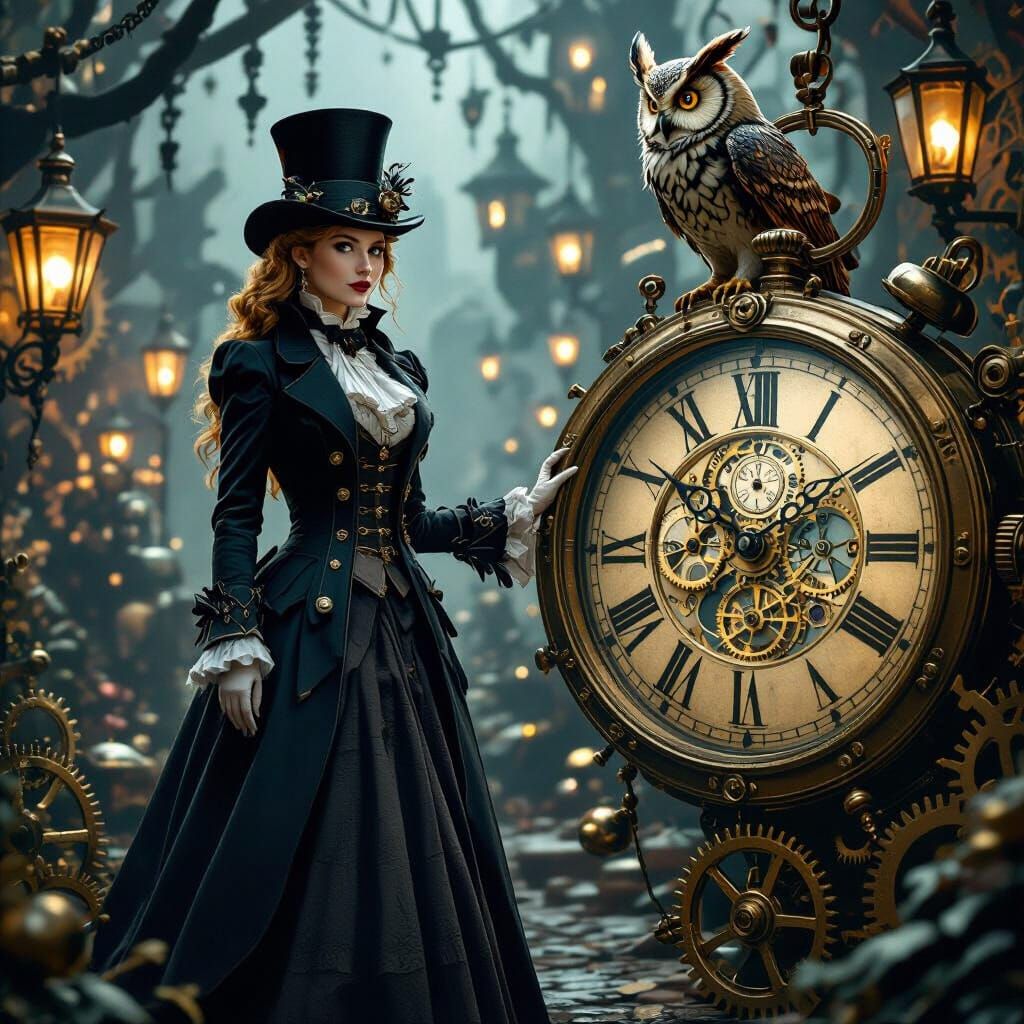 Alice, lost in a dreamlike, steampunk-infused Wonderland, encounters a wise, clockwork owl perched on ...  by @Susi