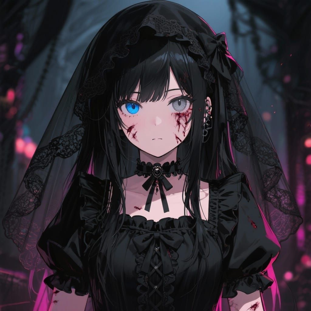 Gothic Anime Girl with Odd Eyes and Burn Scars