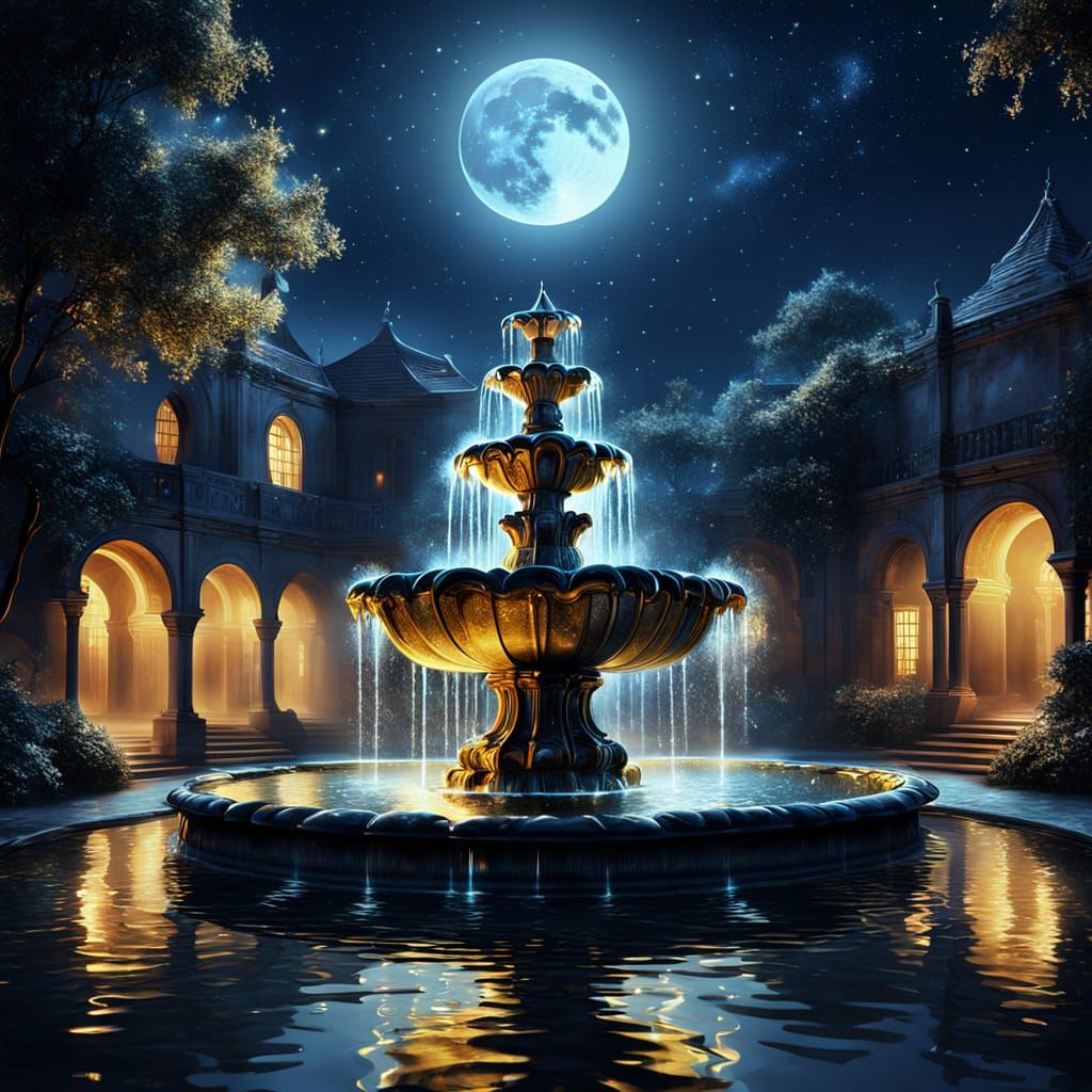 A glowing fountain in a moonlit courtyard, with night sky reflections in the water.  by @GRAZYNA-BARBARA