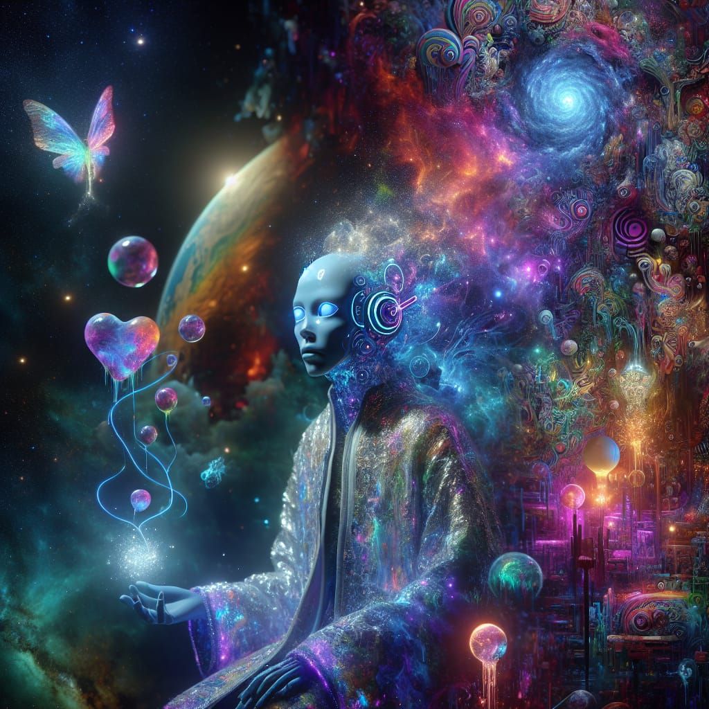 Ethereal Cosmic Goddess in Iridescent Opal Robes