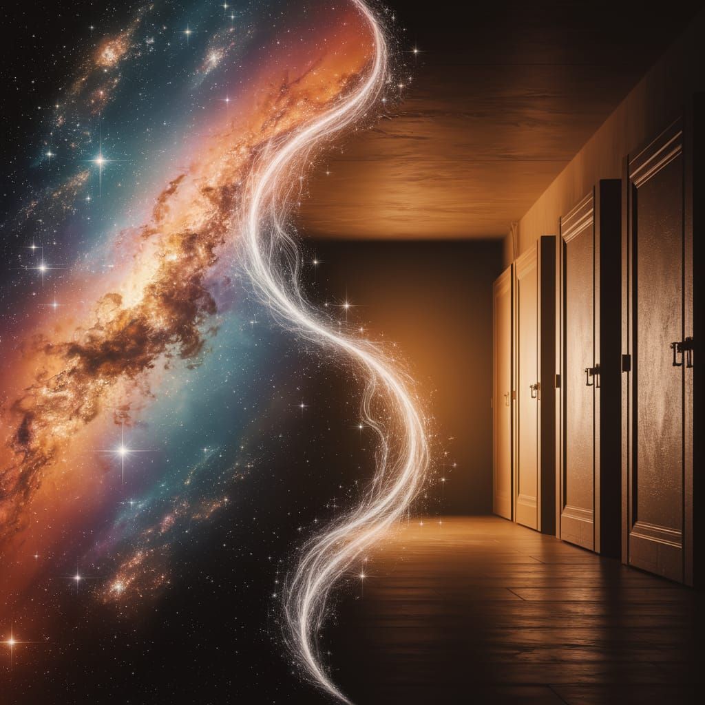 An abstract yin-yang split scene. On the left, a vast starry sky, with glowing nebulae and constellations, symbolizing infinity. On the righ...